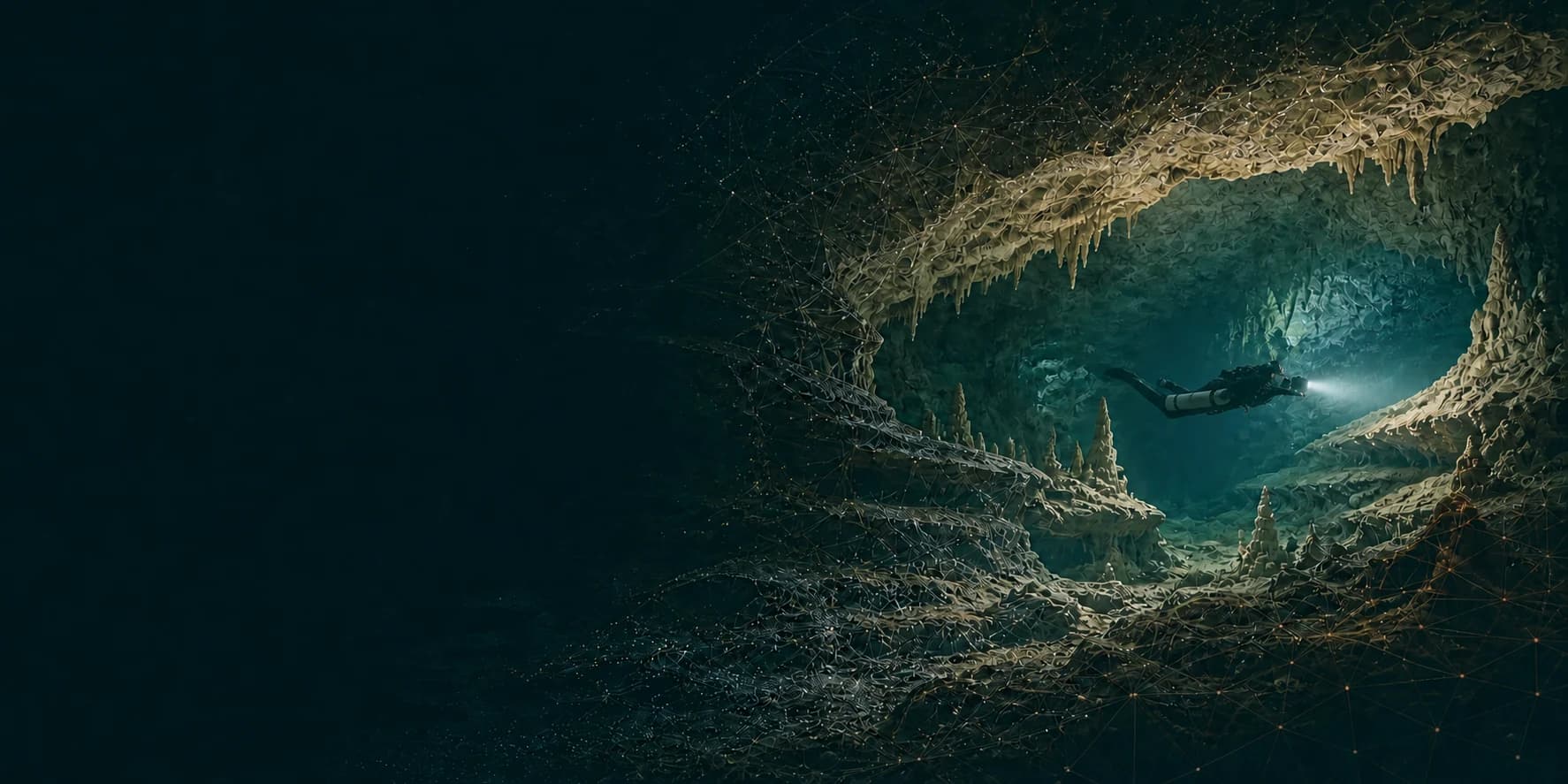 A sidemount cave diver swimming into a submerged limestone passage as its surfaces become a digital survey mesh