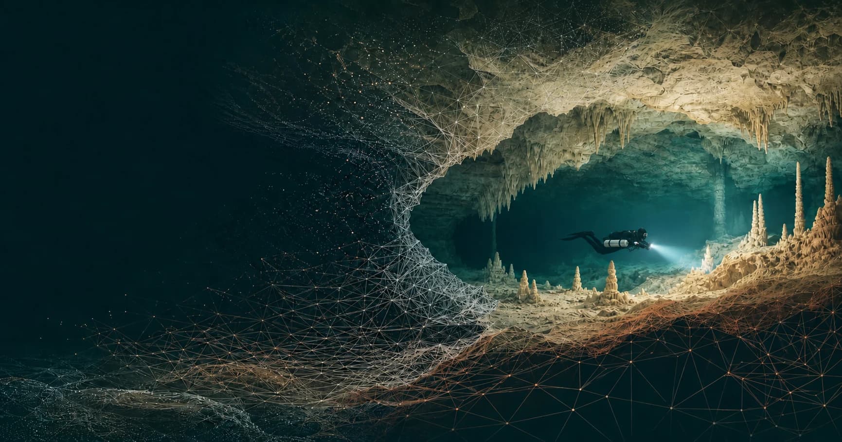 A sidemount cave diver illuminating a submerged cave as its rock surface transitions into a measured digital mesh
