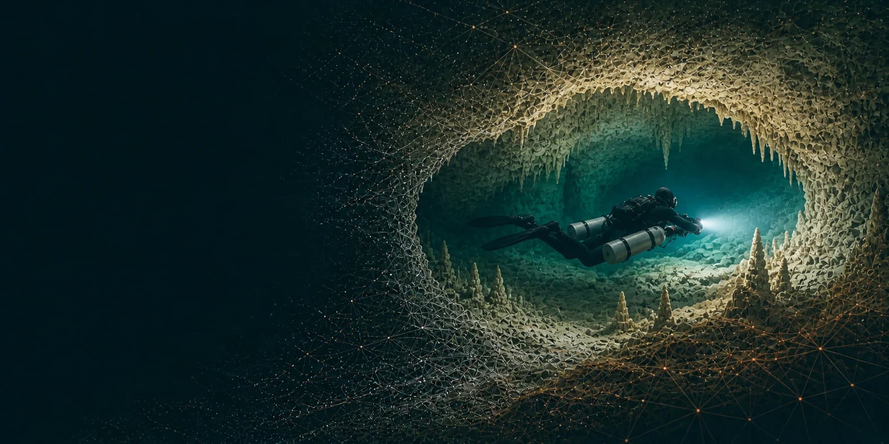 A cave diver in flat trim with two aligned sidemount cylinders swimming through a submerged limestone passage rendered as a digital survey mesh